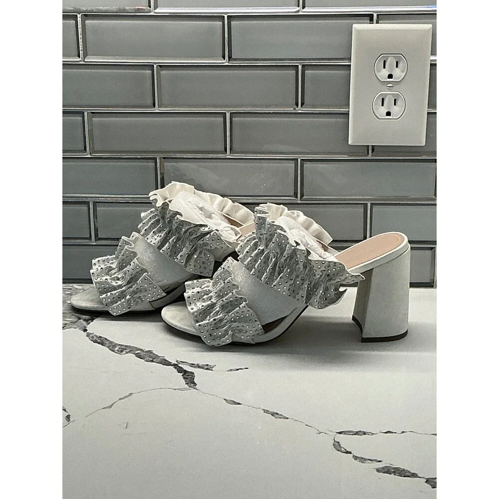 Charles David Royals White‎ Ruffled Embellished Block Heel Mules Size 9.5 M